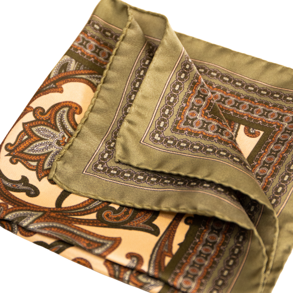 Pocket Square Alter Knabe - "Big Olive-Creme Paisley"
