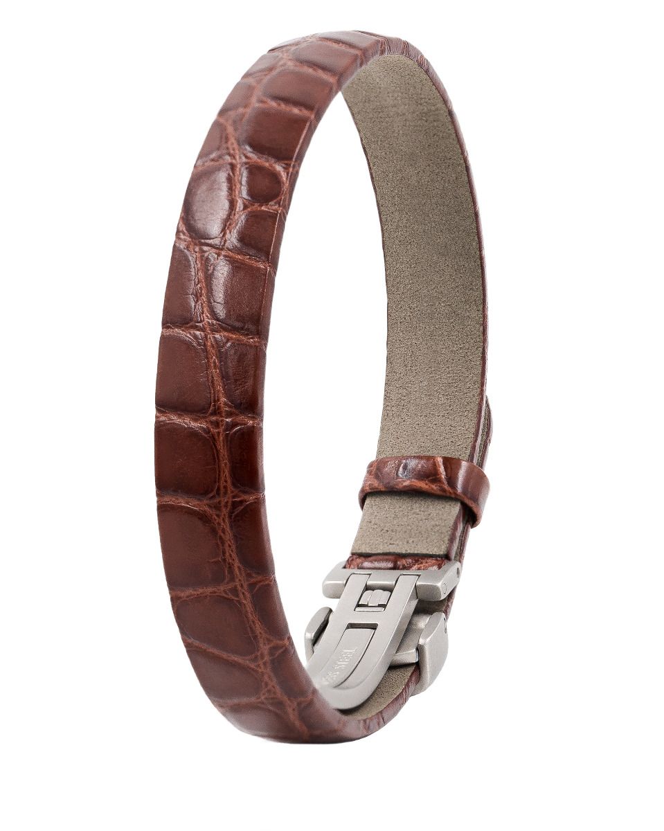 Hirsch SOBEK Leder aus Alligatorflanke in braun Leder Armband in schwarz aus echtem Leder mit Verschluss  für Sie und Ihn Unisex komfortabel zu tragen da der innen Ring aus gerautes Leder ist die Edelstahlschließe ist einstellbar Luxus in Vorarlberg Geschenkideen