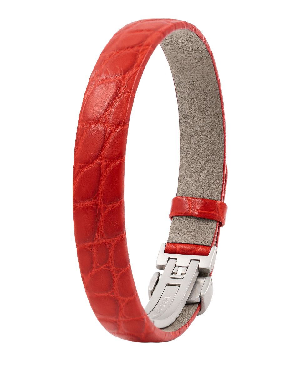 Hirsch SOBEK Leder aus Alligatorflanke in blutorange Leder Armband in schwarz aus echtem Leder mit Verschluss  für Sie und Ihn Unisex komfortabel zu tragen da der innen Ring aus gerautes Leder ist die Edelstahlschließe ist einstellbar Luxus in Vorarlberg Geschenkideen